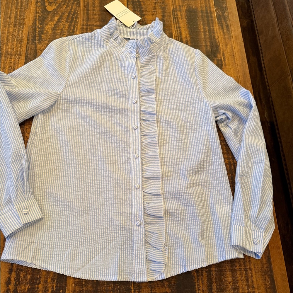 Light Blue Striped Ruffle Button-Down Blouse
